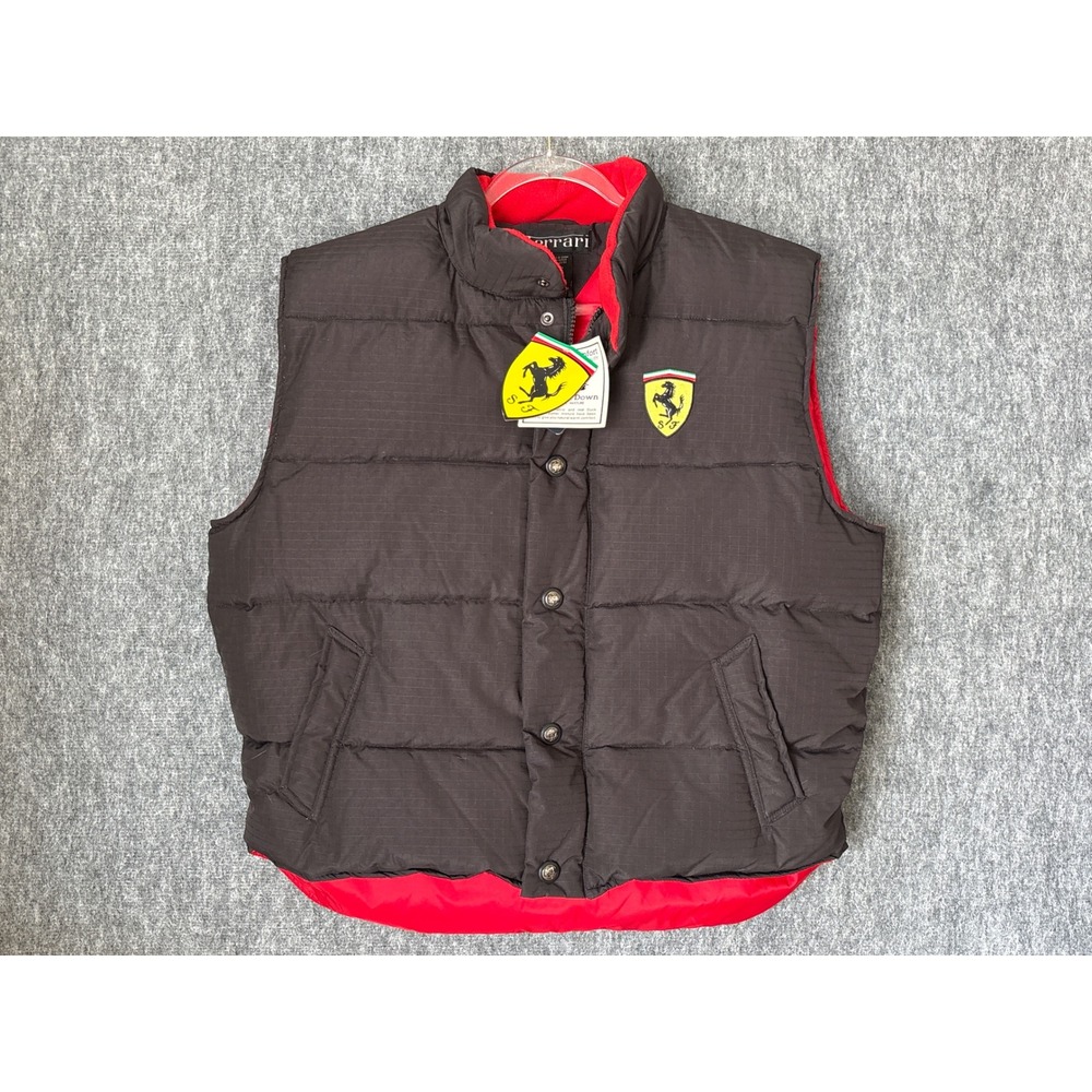 Ferrari Mens Down Puffer Vest Brown Red Ripstop Racing Shield Logo Large NEW